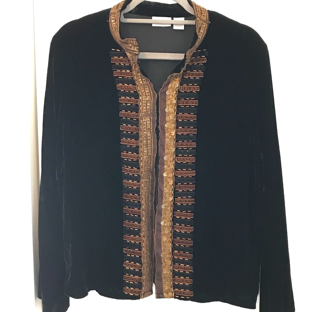Vintage Chicos Velvet Beaded Jacket, Black, Brown & Gold, Size Chicos 2/US Large